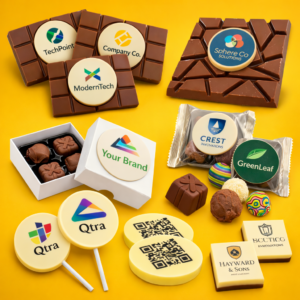 Logo branded chocolate products, ideal for corporate gifts and rewards.