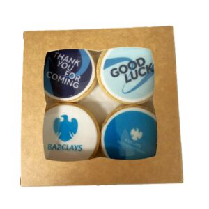 Box of four x 5cm biscuits with edible branding.
