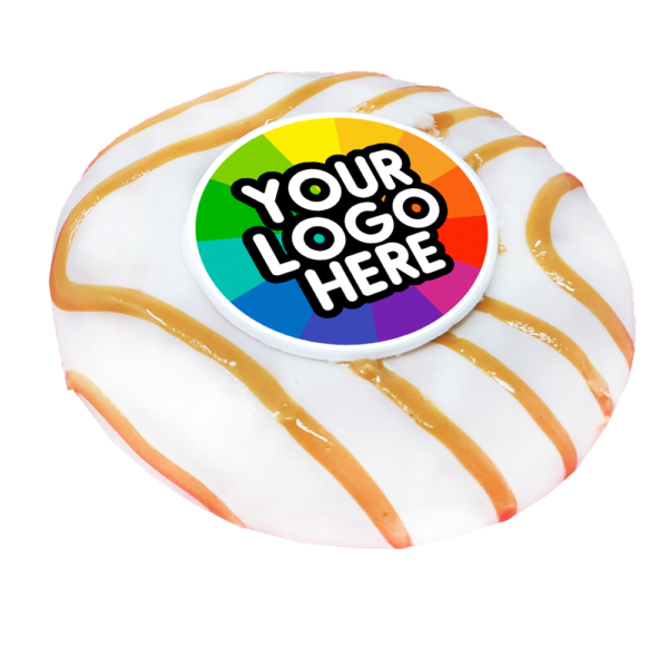 caramel doughnut with a branded logo