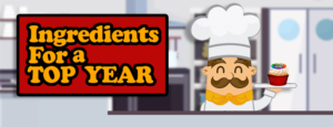 Illustration graphic of a chef and text ingredients for a top year