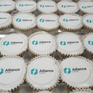 white branded cupcakes